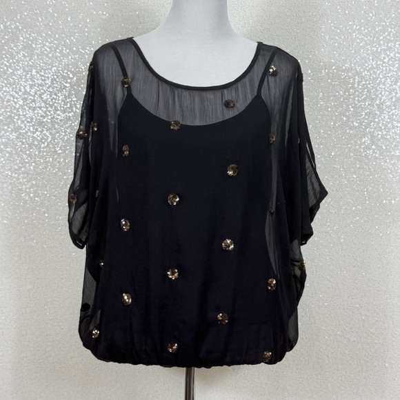 Nine West Tops - Nine West Black Sheer Chiffon Blouse Gold Sequin Overlay | Dolman Sleeve